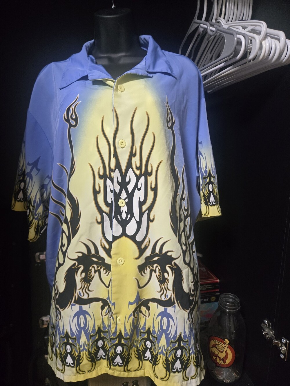 Vintage Y2K Tribal Dragon Flame Button Up Short Sleeve Shirt Blue Yellow